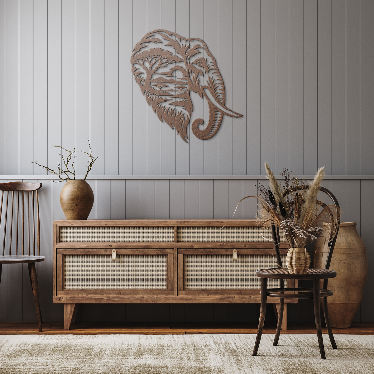 Copper elephant african safari metal wall art in a rustic hallway — steel wall decor