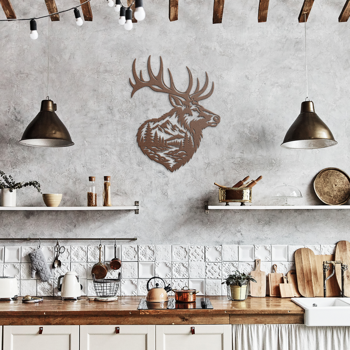 Copper bull elk mountain metal wall art in a rustic kitchen — steel wall decor