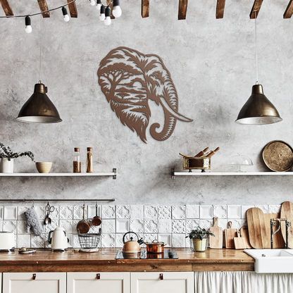 Copper elephant african safari metal wall art in a rustic kitchen — steel wall decor