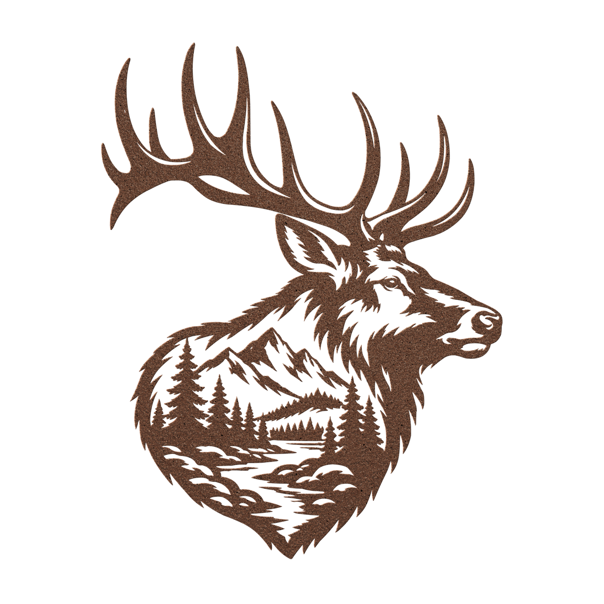 Bull elk mountain metal wall art in copper — double-exposure mountain wildlife steel wall decor