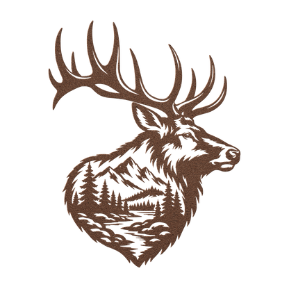Bull elk mountain metal wall art in copper — double-exposure mountain wildlife steel wall decor