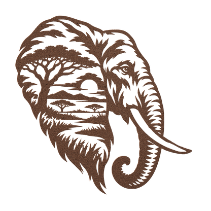 Elephant African safari metal wall art in copper — double-exposure safari wildlife steel wall decor