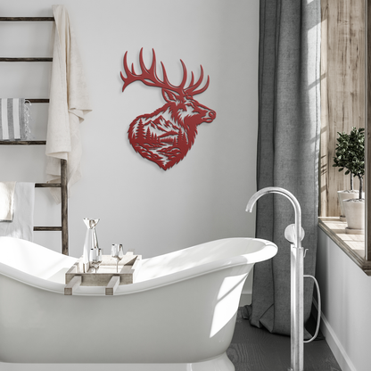 Red bull elk mountain metal wall art in a modern room — steel wall decor
