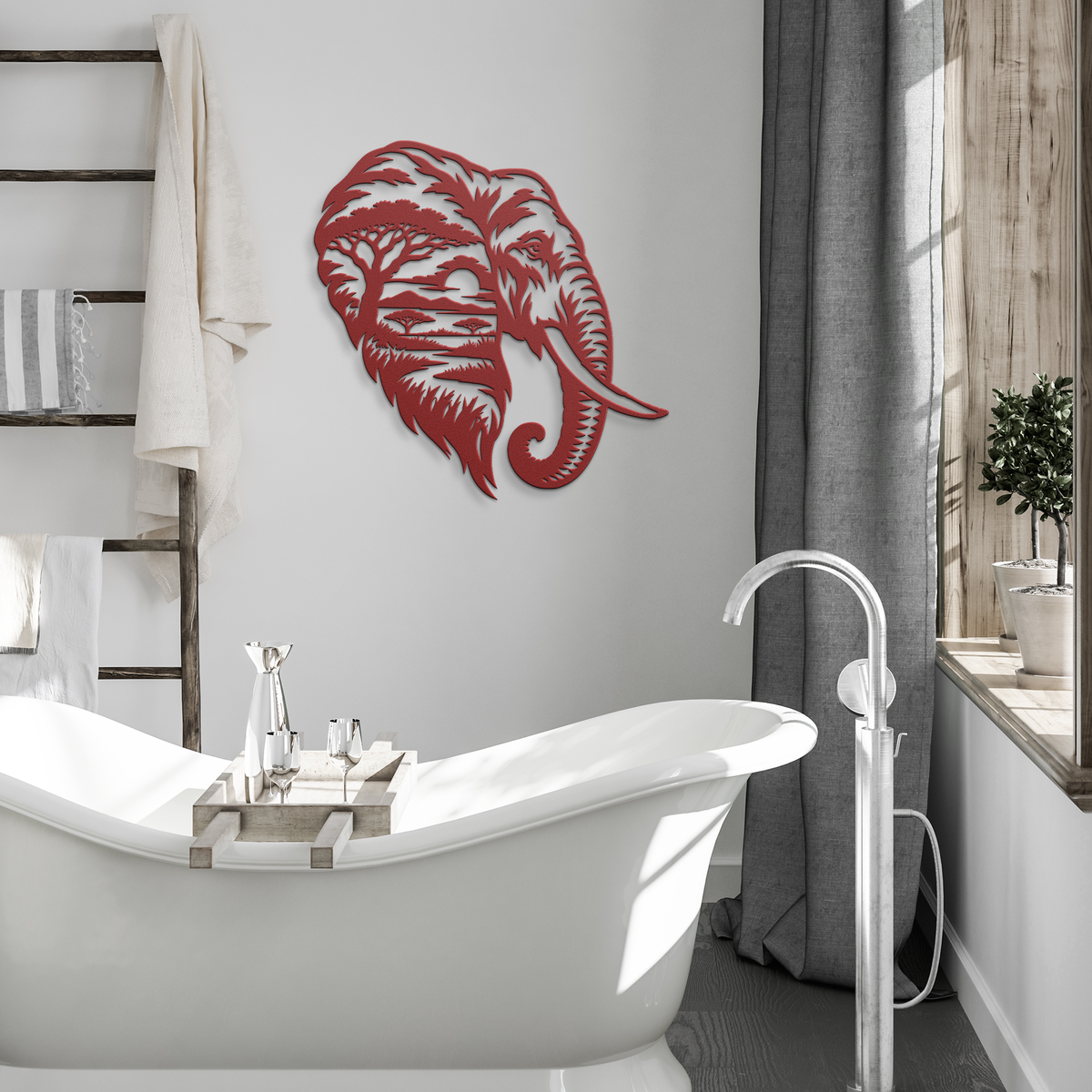 Red elephant african safari metal wall art in a modern room — steel wall decor