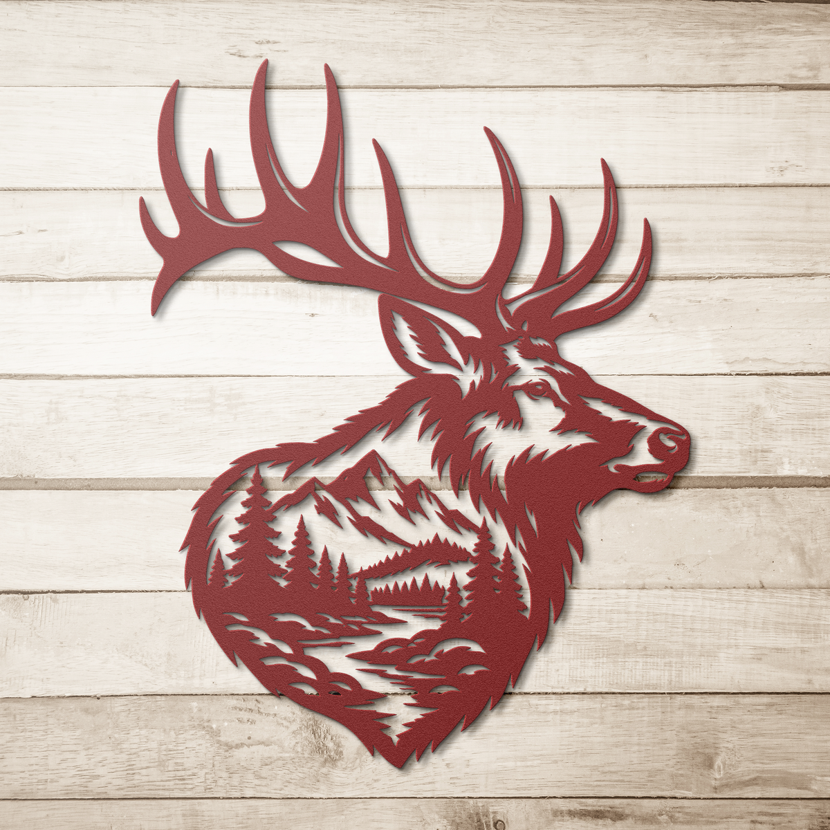Red bull elk mountain metal wall art on a wood background — steel wall decor