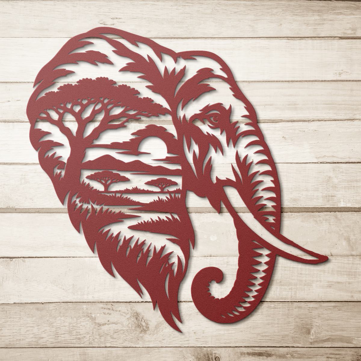 Red elephant african safari metal wall art on a wood background — steel wall decor