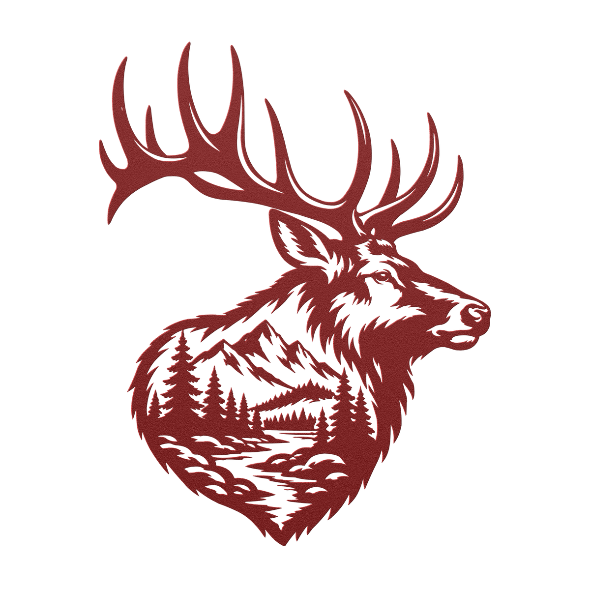 Bull elk mountain metal wall art in red — double-exposure mountain wildlife steel wall decor