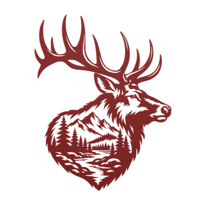 Bull elk mountain metal wall art in red — double-exposure mountain wildlife steel wall decor