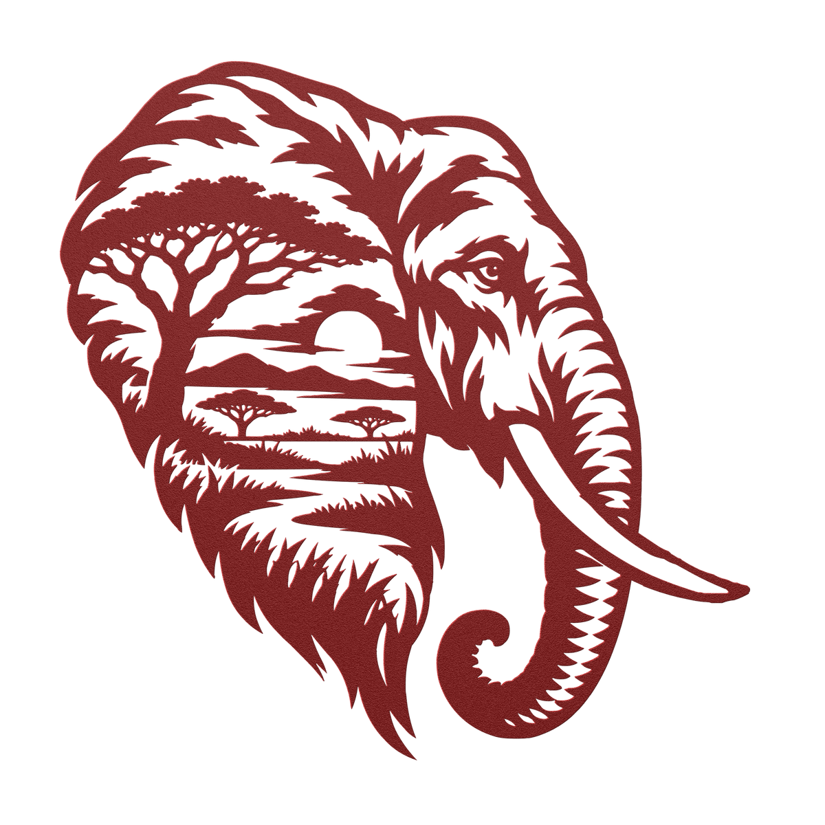 Elephant African safari metal wall art in red — double-exposure safari wildlife steel wall decor