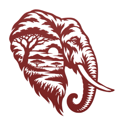 Elephant African safari metal wall art in red — double-exposure safari wildlife steel wall decor