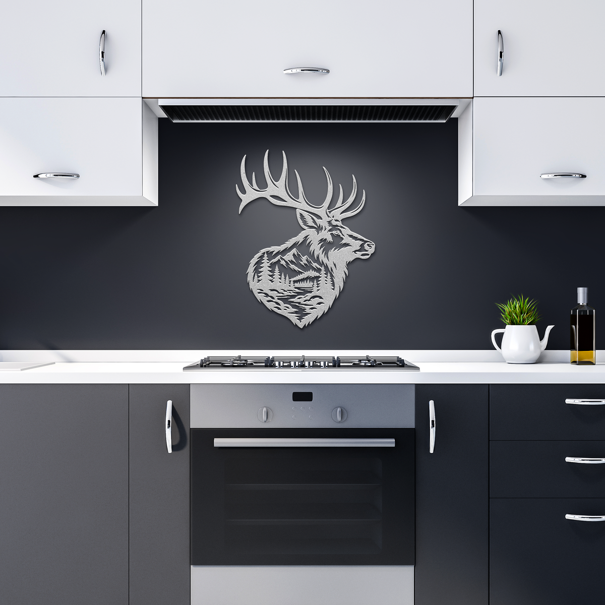 Silver bull elk mountain metal wall art in a dark kitchen — steel wall decor
