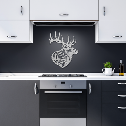 Silver bull elk mountain metal wall art in a dark kitchen — steel wall decor
