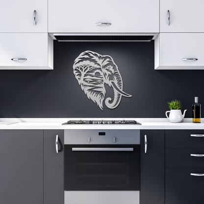 Silver elephant african safari metal wall art in a dark kitchen — steel wall decor