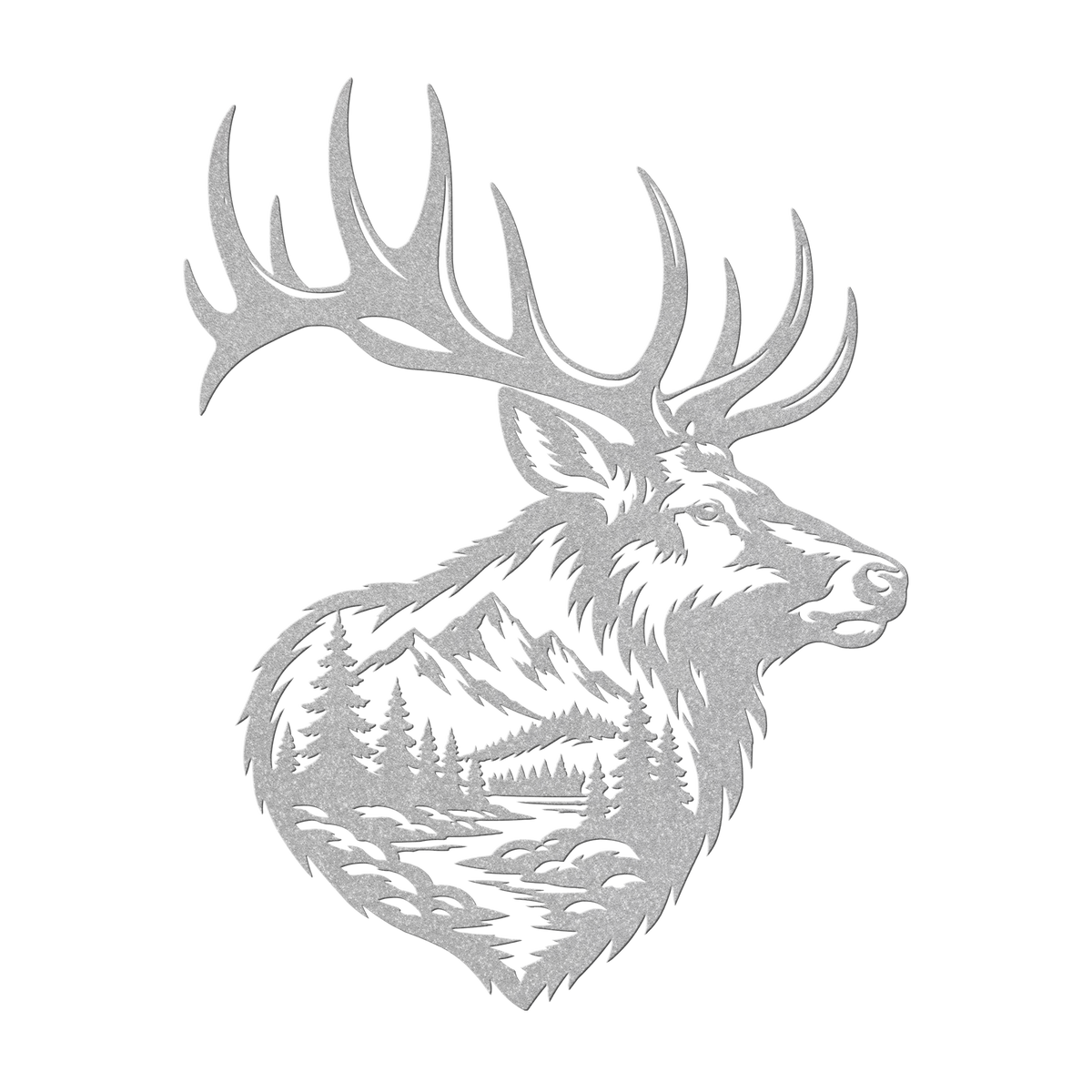 Bull elk mountain metal wall art in silver — double-exposure mountain wildlife steel wall decor