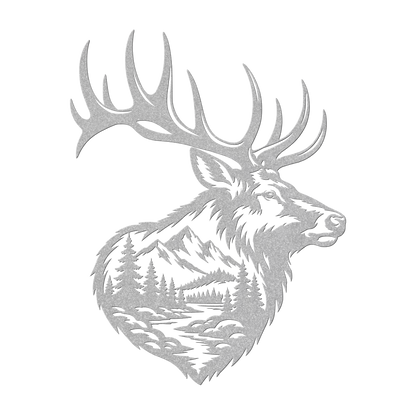 Bull elk mountain metal wall art in silver — double-exposure mountain wildlife steel wall decor