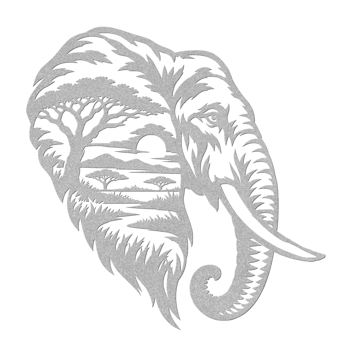 Elephant African safari metal wall art in silver — double-exposure safari wildlife steel wall decor