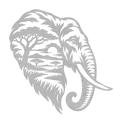 Elephant African safari metal wall art in silver — double-exposure safari wildlife steel wall decor