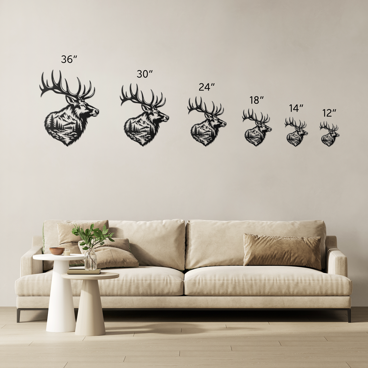 Bull elk mountain metal wall art size comparison — 12 to 36 inch options