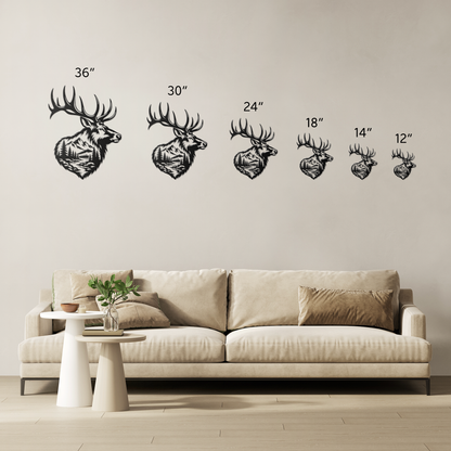 Bull elk mountain metal wall art size comparison — 12 to 36 inch options