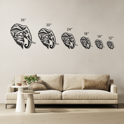 Elephant African safari metal wall art size comparison — 12 to 36 inch options