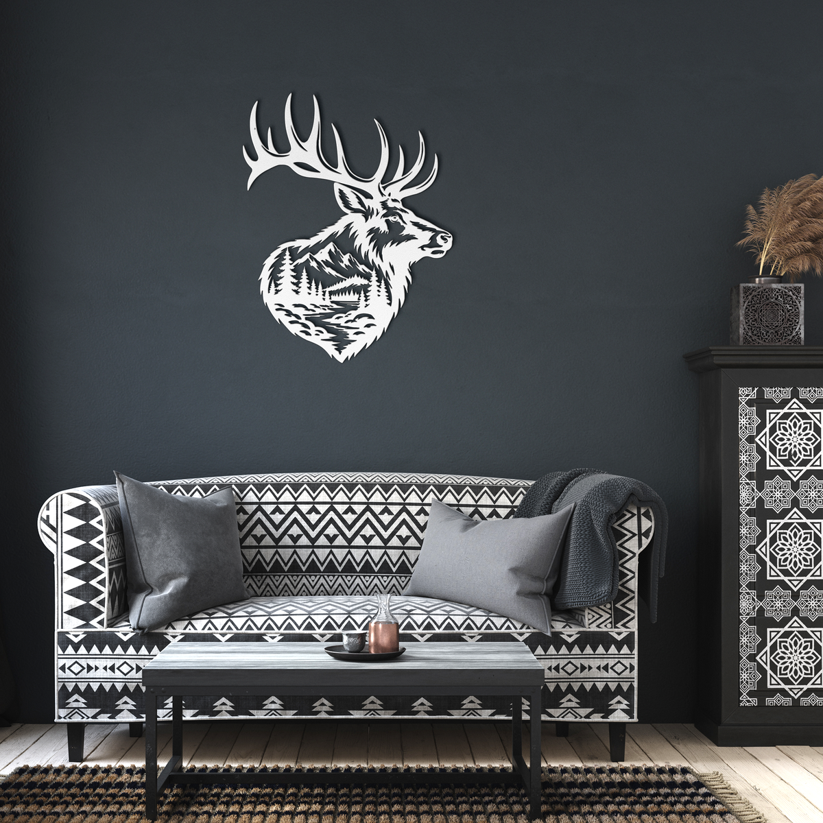 White bull elk mountain metal wall art in a living room — steel wall decor