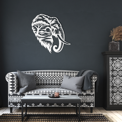 White elephant african safari metal wall art in a living room — steel wall decor