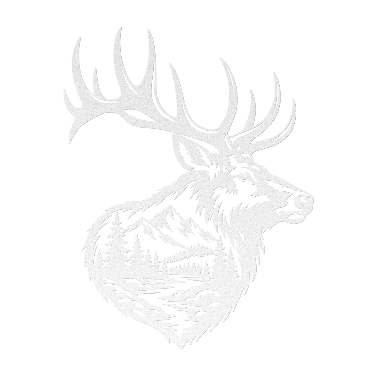 Bull elk mountain metal wall art in white — double-exposure mountain wildlife steel wall decor