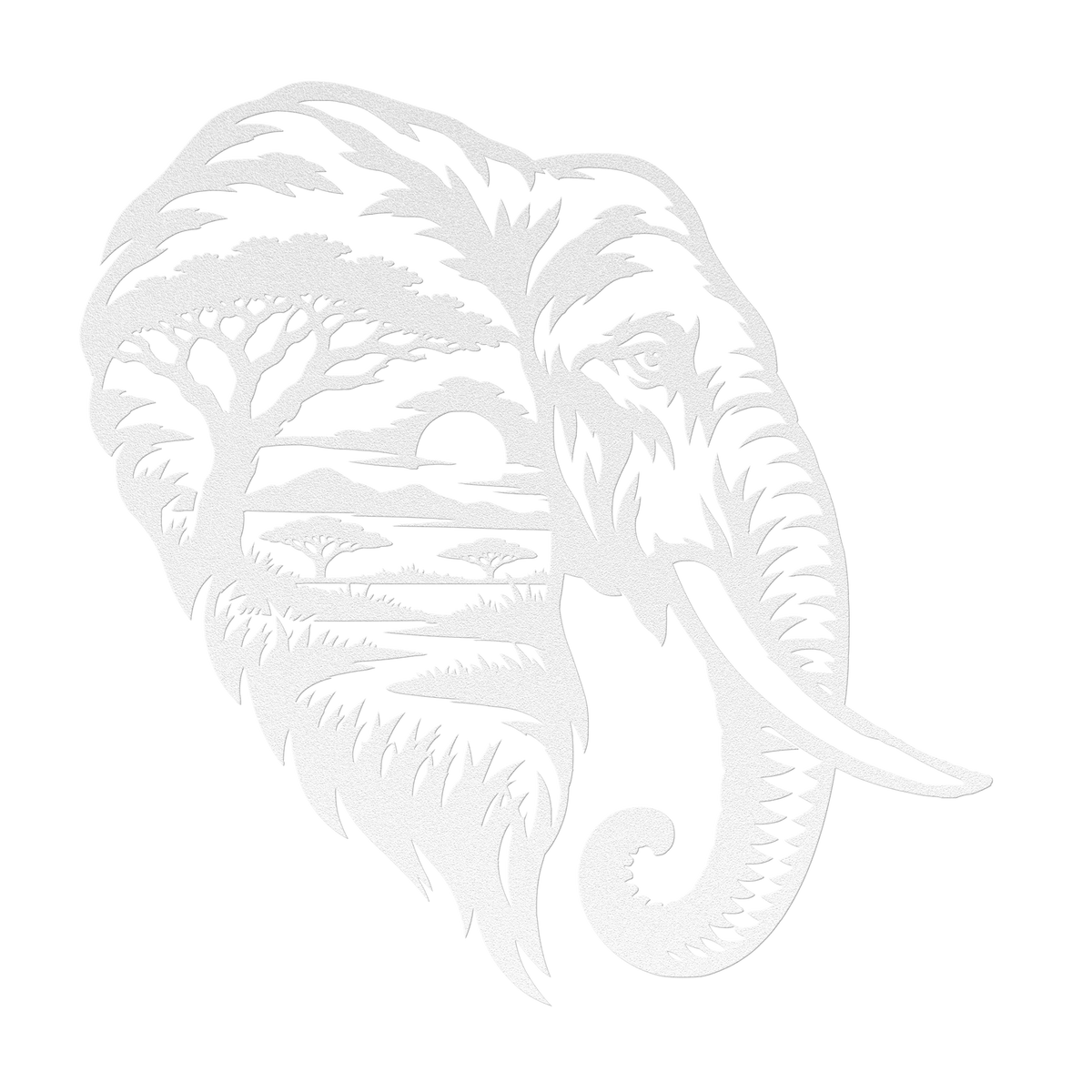 Elephant African safari metal wall art in white — double-exposure safari wildlife steel wall decor
