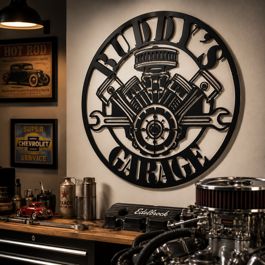 Custom V8 engine garage metal sign — personalized name plasma-cut steel wall art