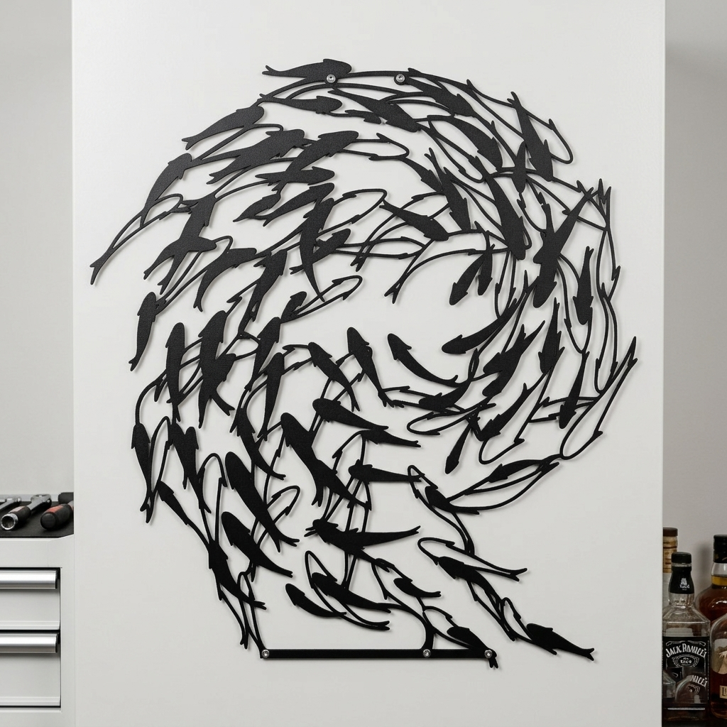Metal fish wall art — flock of fish family sign in black powder-coated steel, mounted on white interior wall