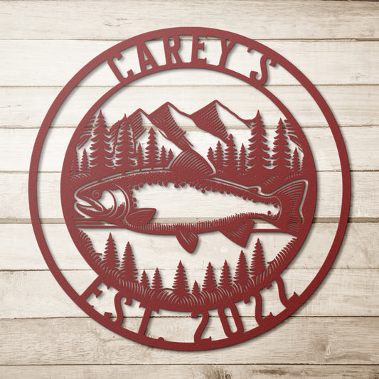 Custom fishing and mountains metal sign in black — personalized cabin wall art