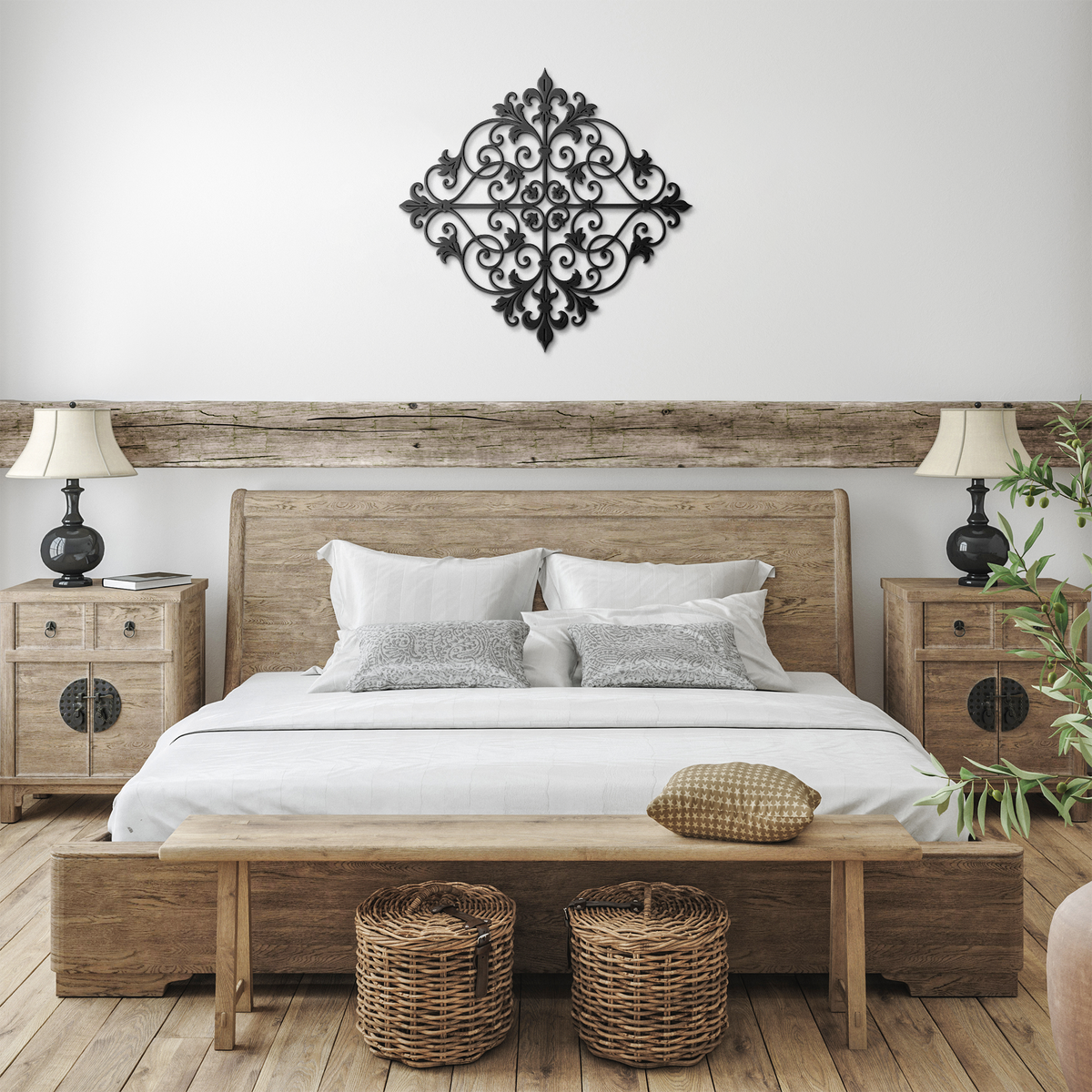 Black fleur de lis scrollwork metal wall art in a farmhouse room — steel wall decor