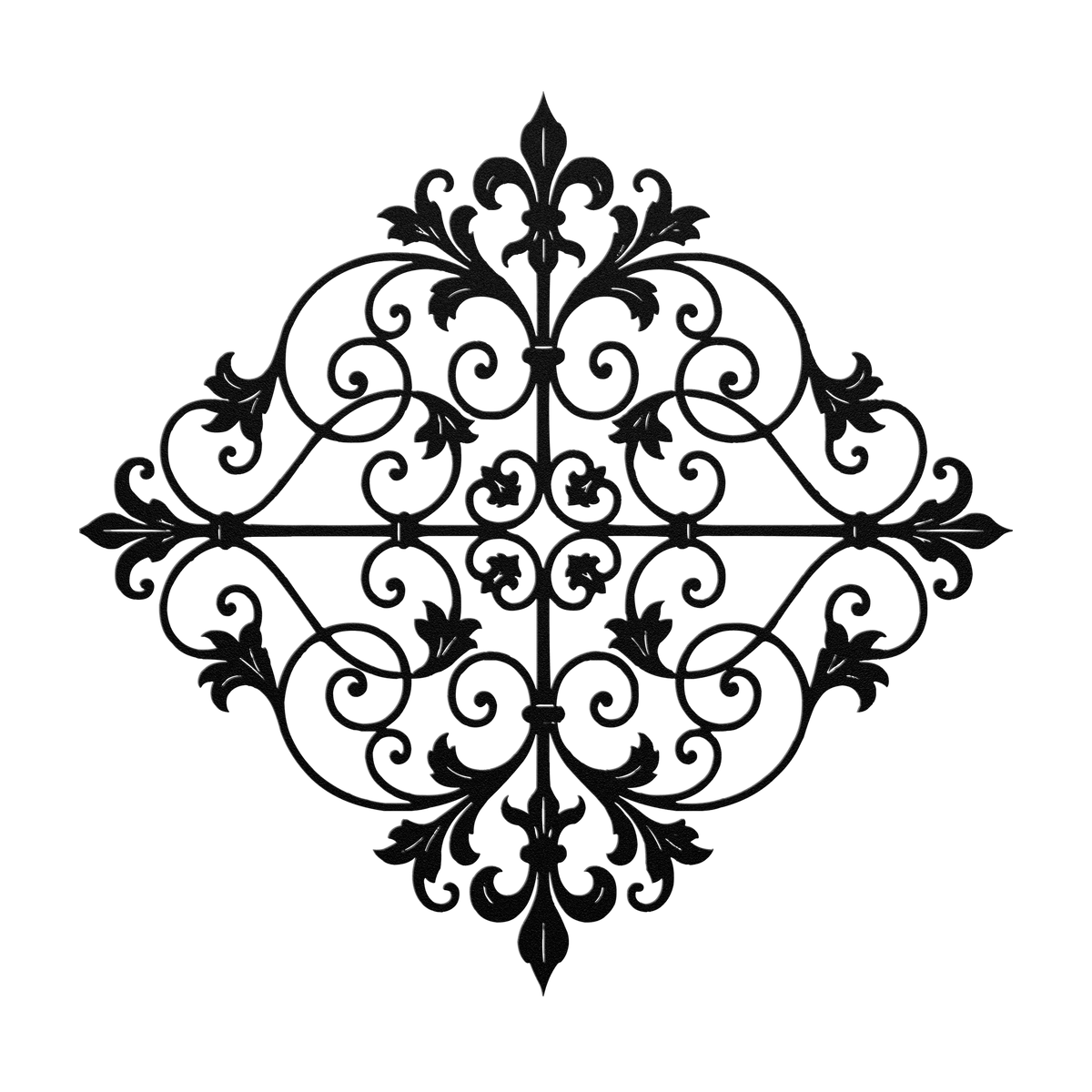 Fleur de lis scrollwork metal wall art in black — French ironwork-style steel wall decor