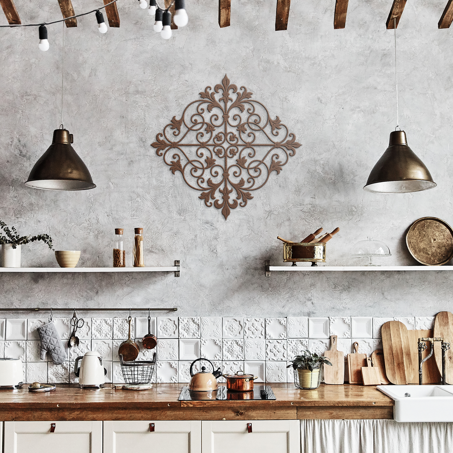 Copper fleur de lis scrollwork metal wall art in a rustic kitchen — steel wall decor