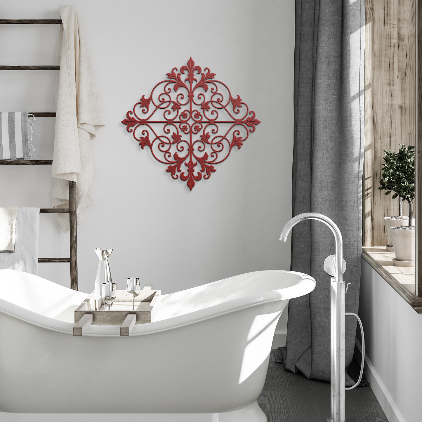 Red fleur de lis scrollwork metal wall art in a modern room — steel wall decor