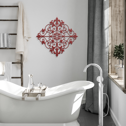 Red fleur de lis scrollwork metal wall art in a modern room — steel wall decor
