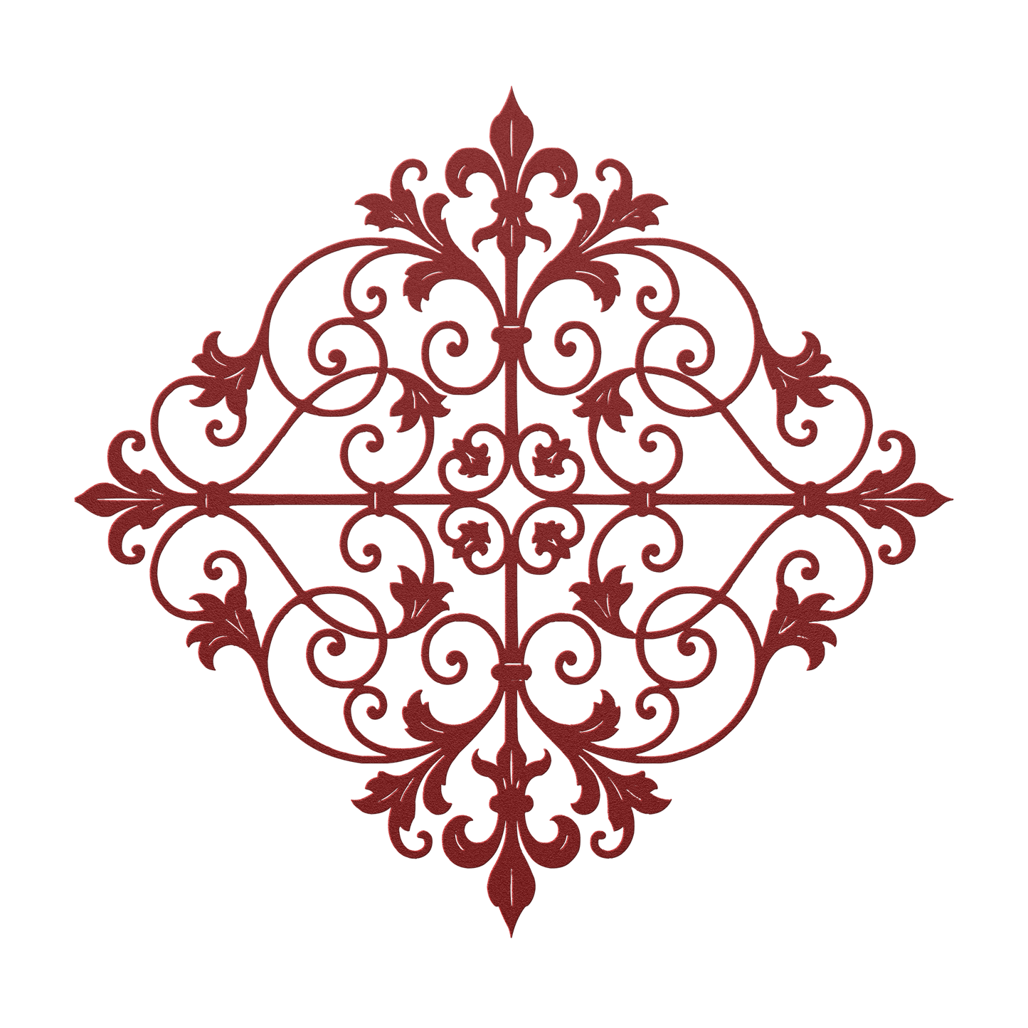 Fleur de lis scrollwork metal wall art in red — French ironwork-style steel wall decor