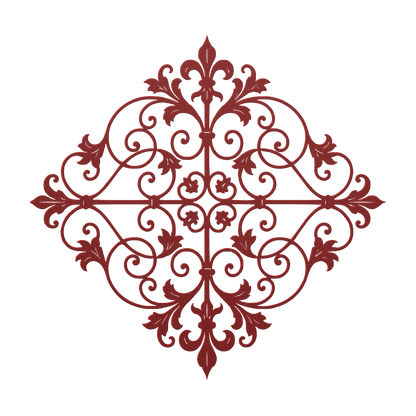 Fleur de lis scrollwork metal wall art in red — French ironwork-style steel wall decor