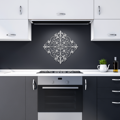Silver fleur de lis scrollwork metal wall art in a dark kitchen — steel wall decor