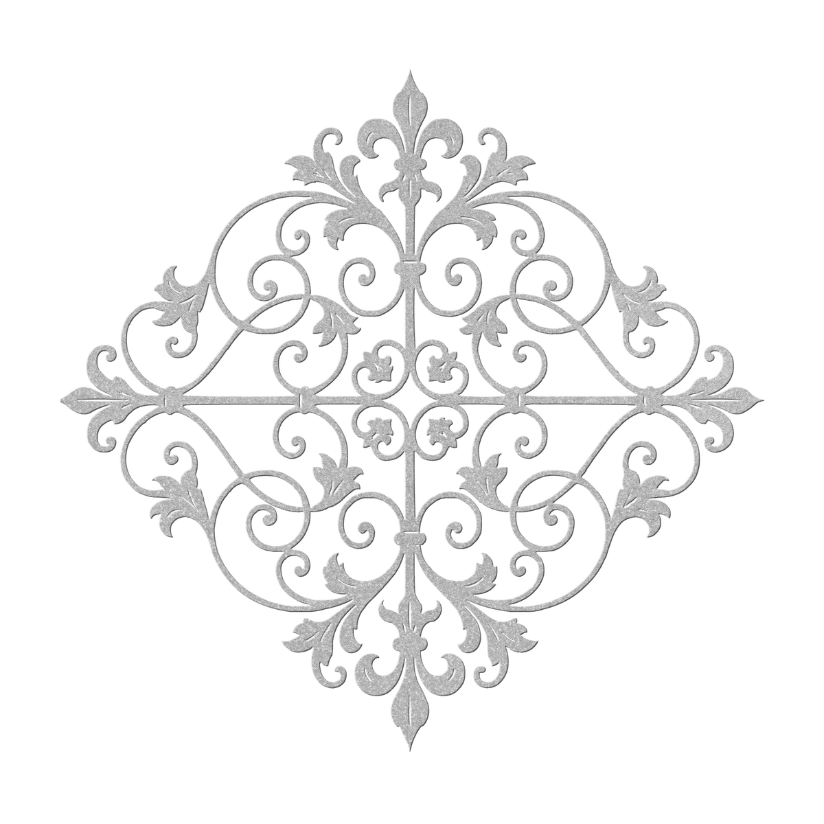Fleur de lis scrollwork metal wall art in silver — French ironwork-style steel wall decor