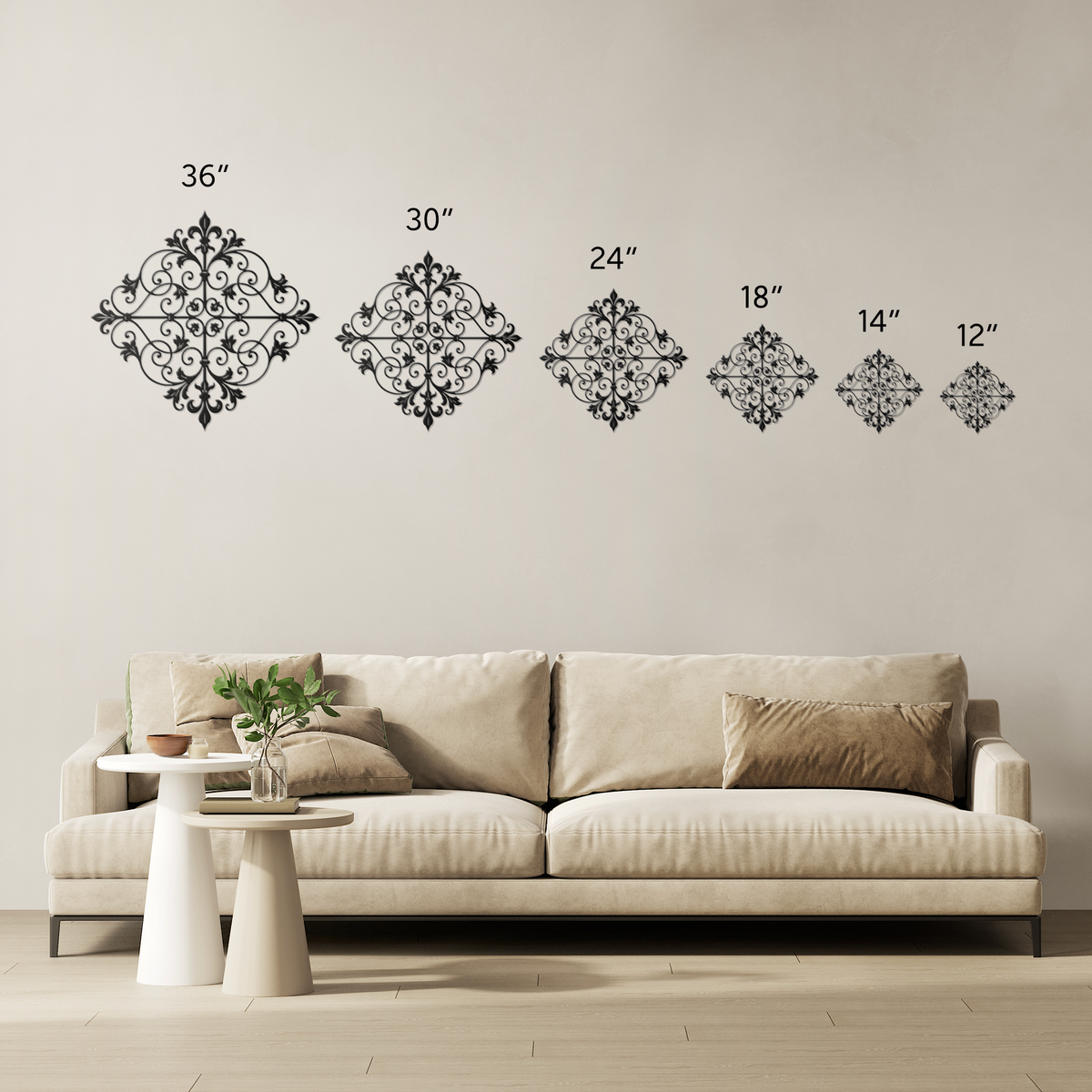 Fleur de lis scrollwork metal wall art size comparison — 12 to 36 inch options
