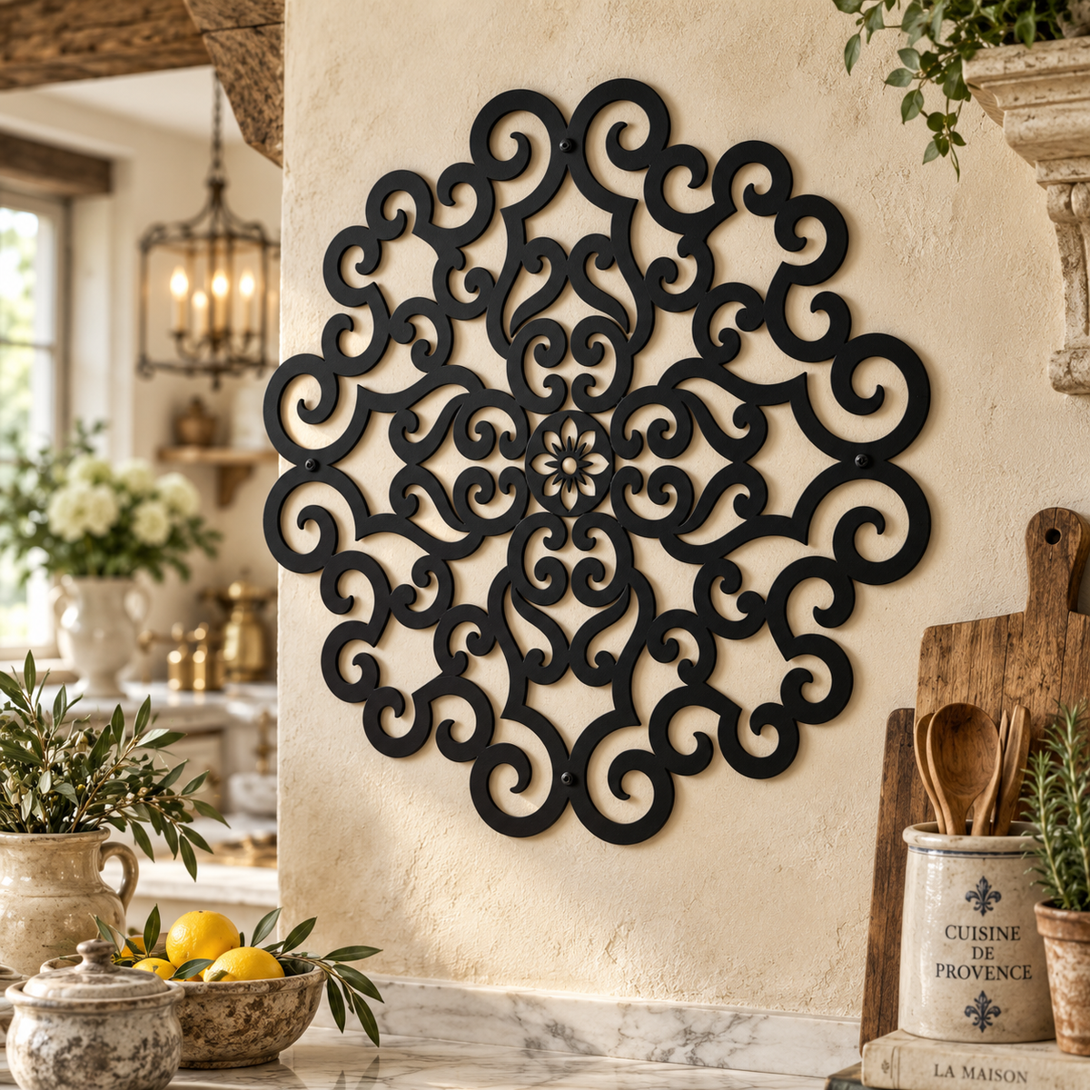 Ornate scrollwork mandala metal wall art in black — wrought-iron-style plasma-cut steel decor