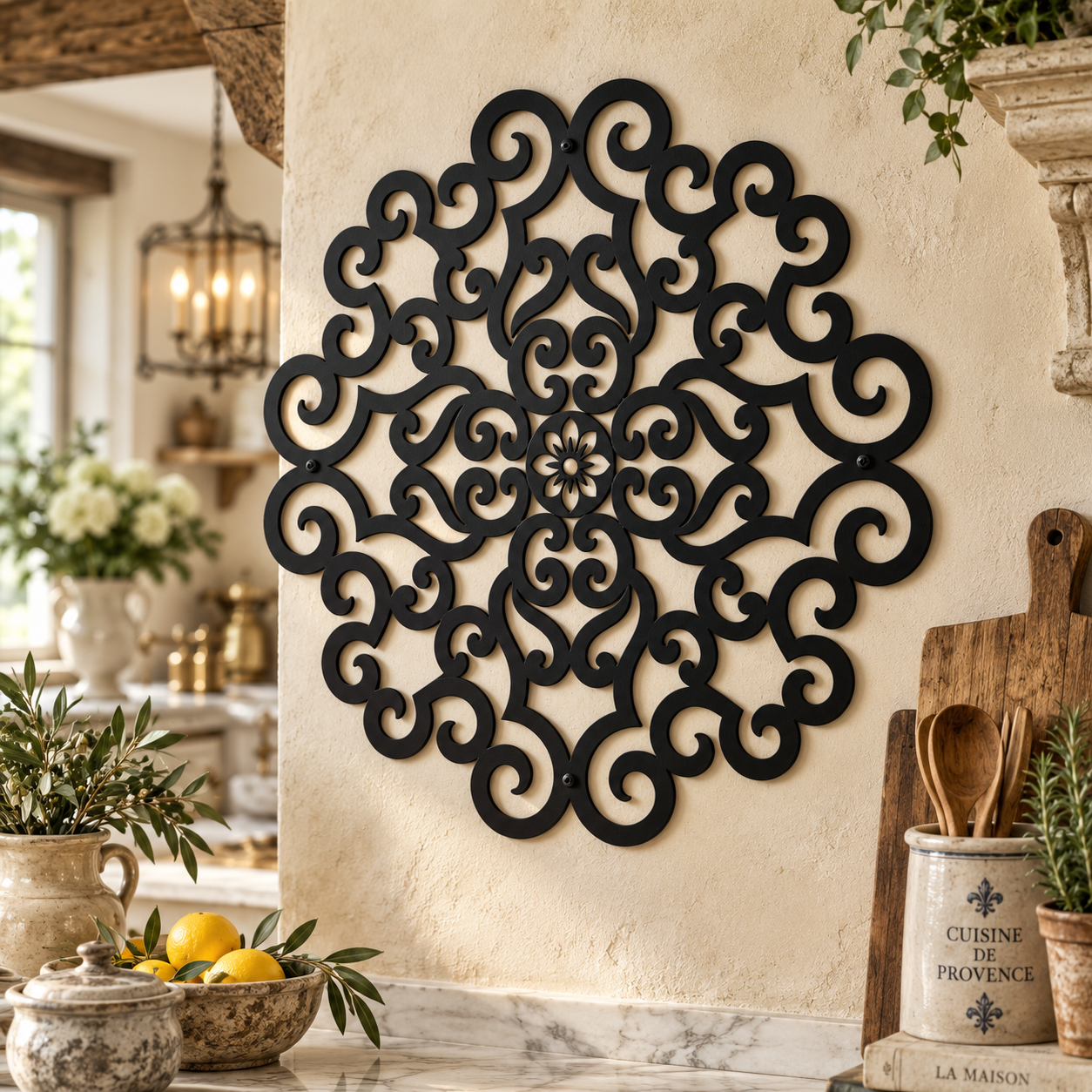 Ornate scrollwork mandala metal wall art in black — wrought-iron-style plasma-cut steel decor