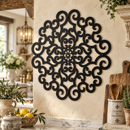 Ornate scrollwork mandala metal wall art in black — wrought-iron-style plasma-cut steel decor