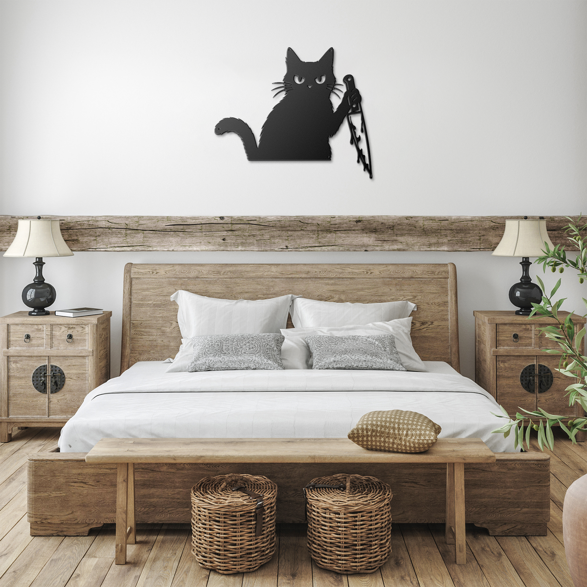 Black funny halloween cat with knife metal wall art in a farmhouse room — grumpy black cat wall art