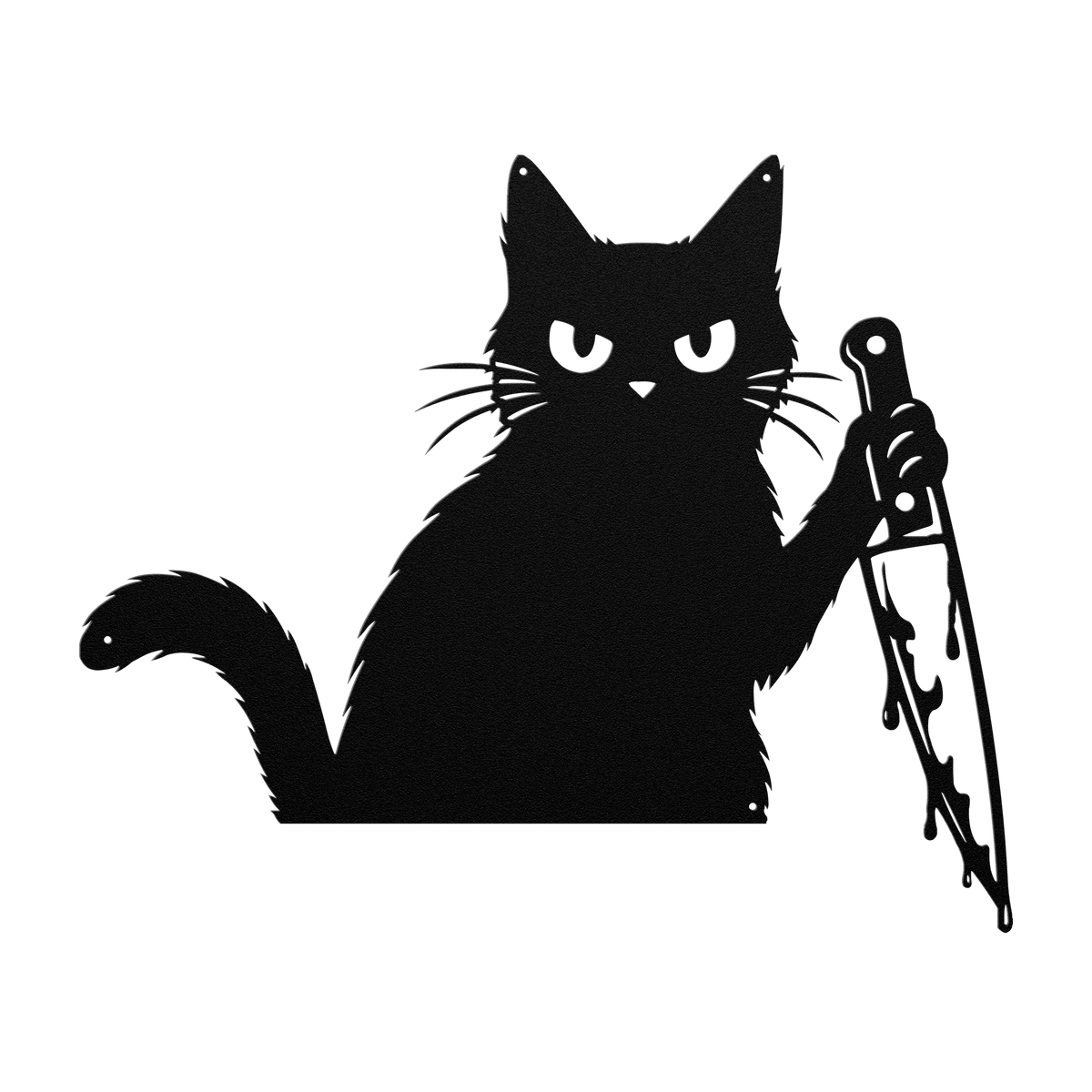 Funny Halloween cat with knife metal wall art in black — grumpy black cat steel wall decor