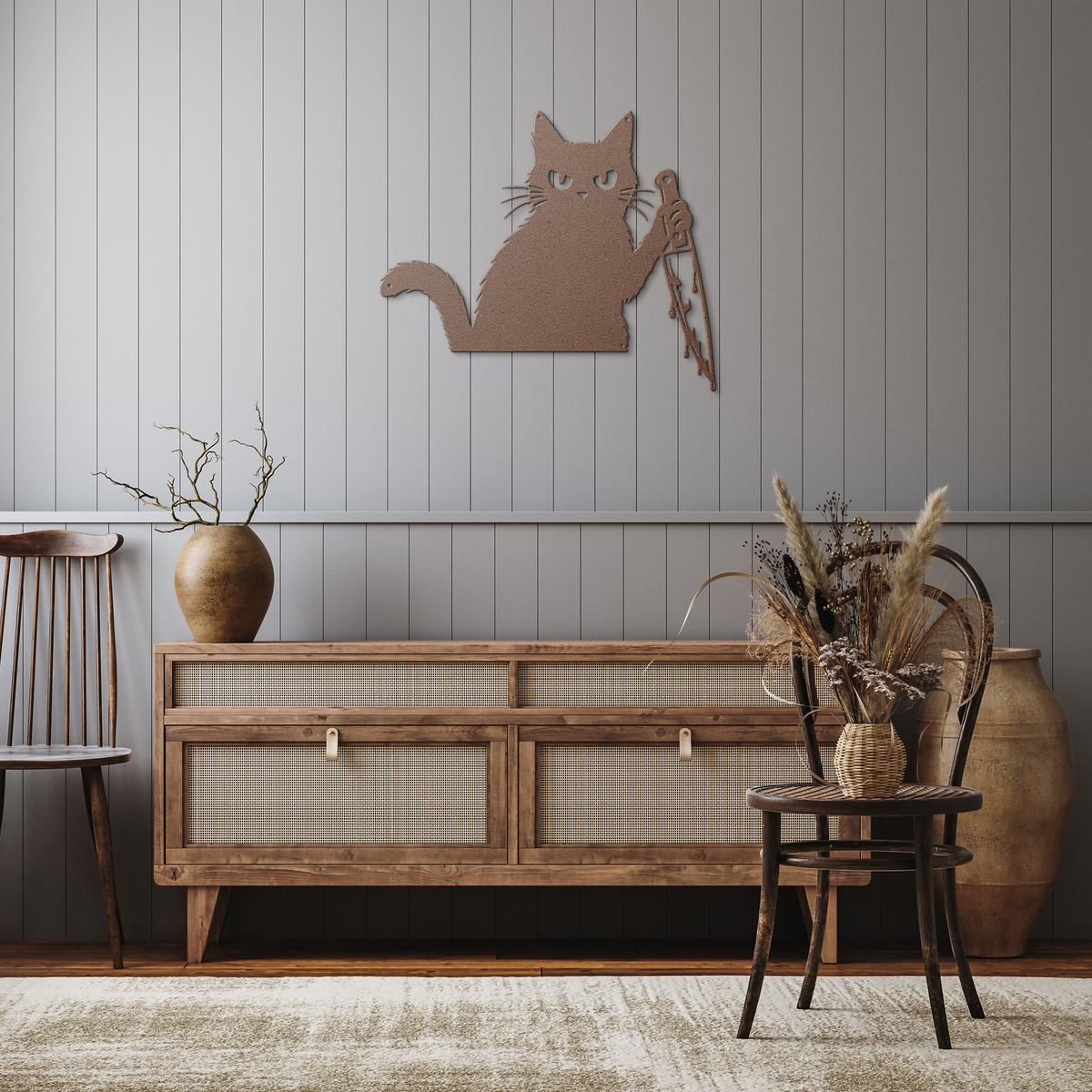 Copper funny halloween cat with knife metal wall art in a rustic hallway — grumpy black cat decor