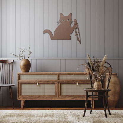 Copper funny halloween cat with knife metal wall art in a rustic hallway — grumpy black cat decor