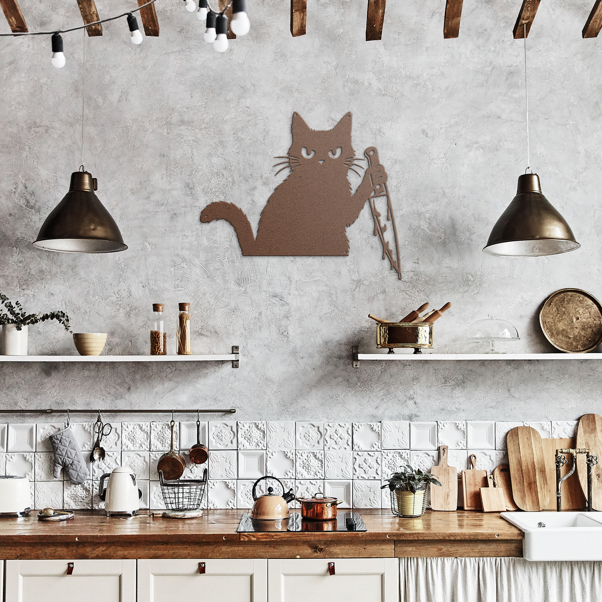Copper funny halloween cat with knife metal wall art in a rustic kitchen — grumpy black cat decor