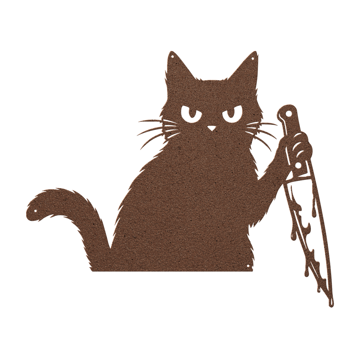 Funny Halloween cat with knife metal wall art in copper — grumpy black cat steel wall decor
